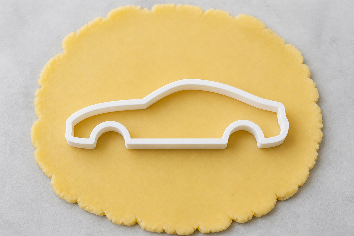 Weiße Auto-Silhouette Ausstechform auf Keksteig, Made in Germany